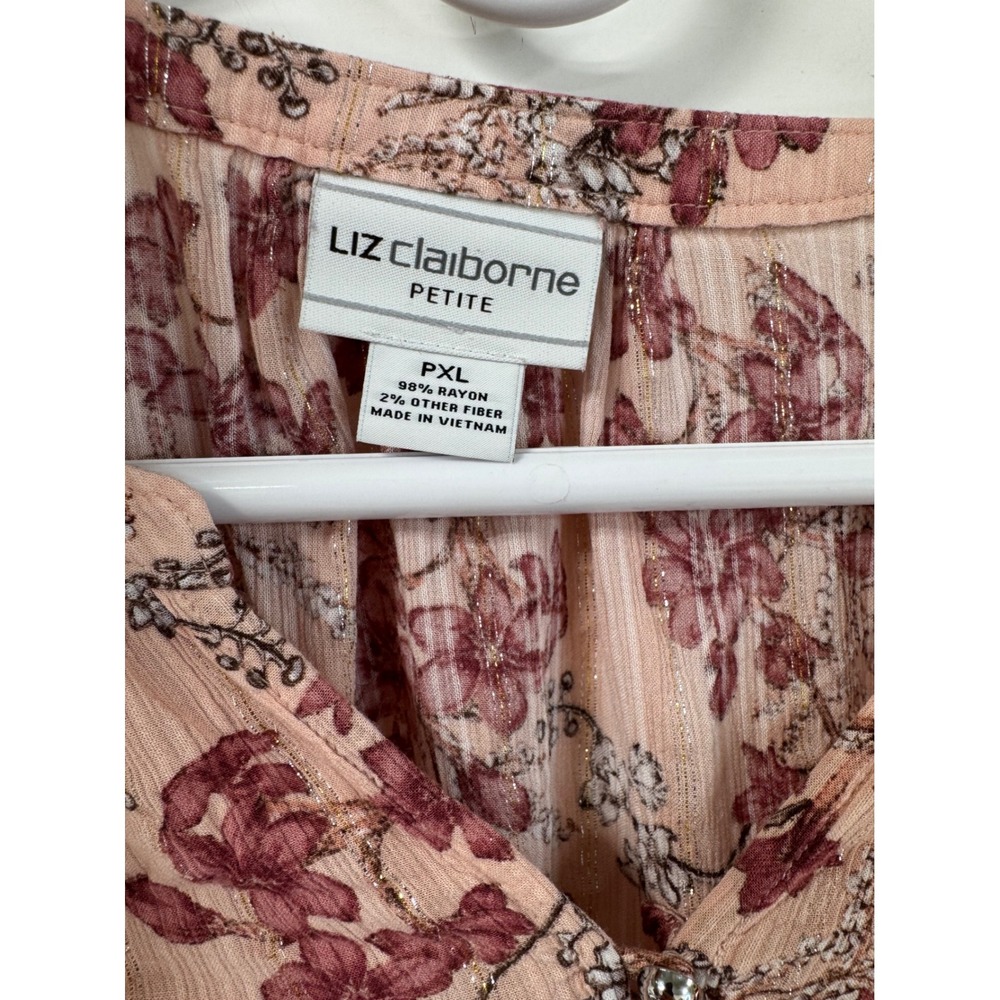 Liz Claiborne Petite PXL Floral Blouse Pink Gold Metallic Stripe Long Sleeve Top - Picture 4 of 7
